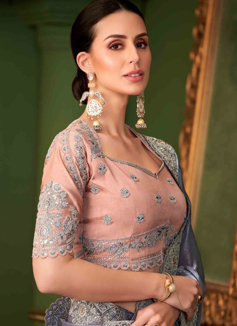 Grey Georgette Satin Contemporary Saree Embroidered S20377