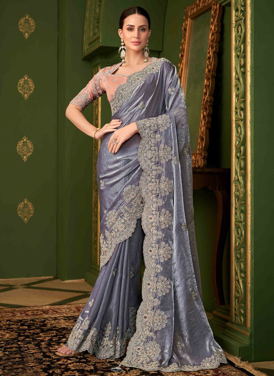 Grey Georgette Satin Contemporary Saree Embroidered S20377