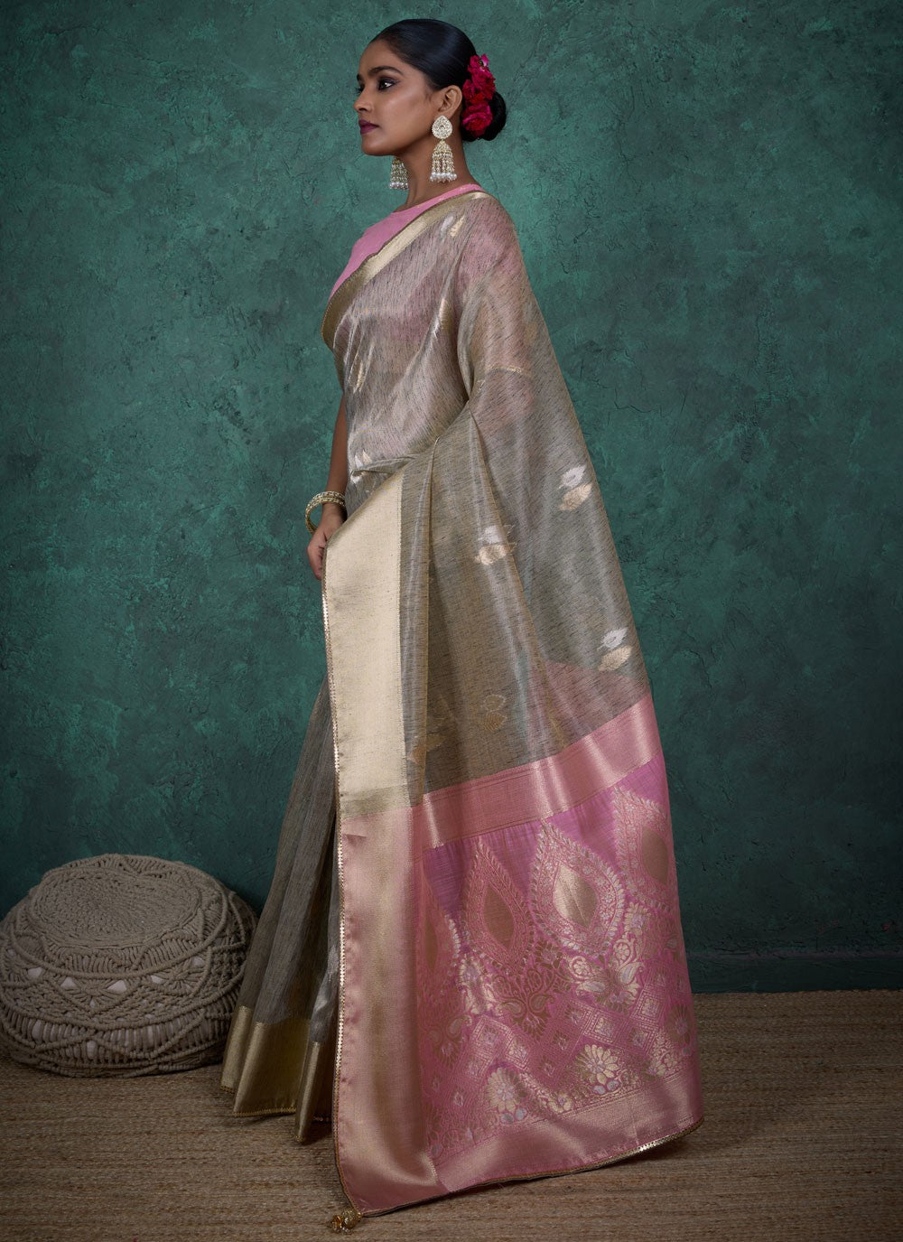 Grey Linen Designer Saree Woven, Zari S15712