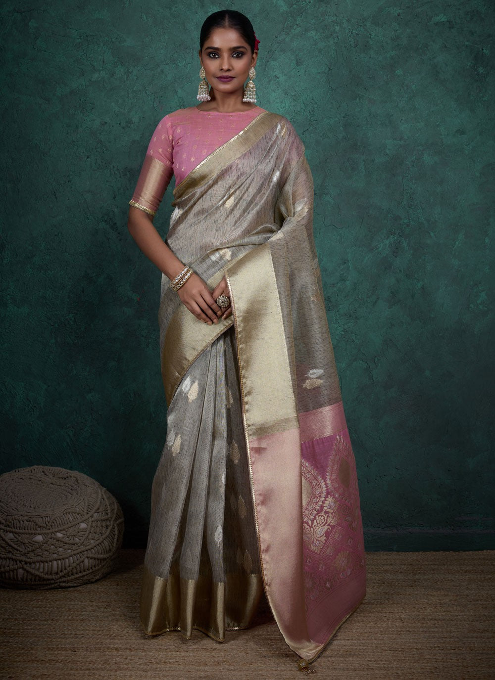 Grey Linen Designer Saree Woven, Zari S15712