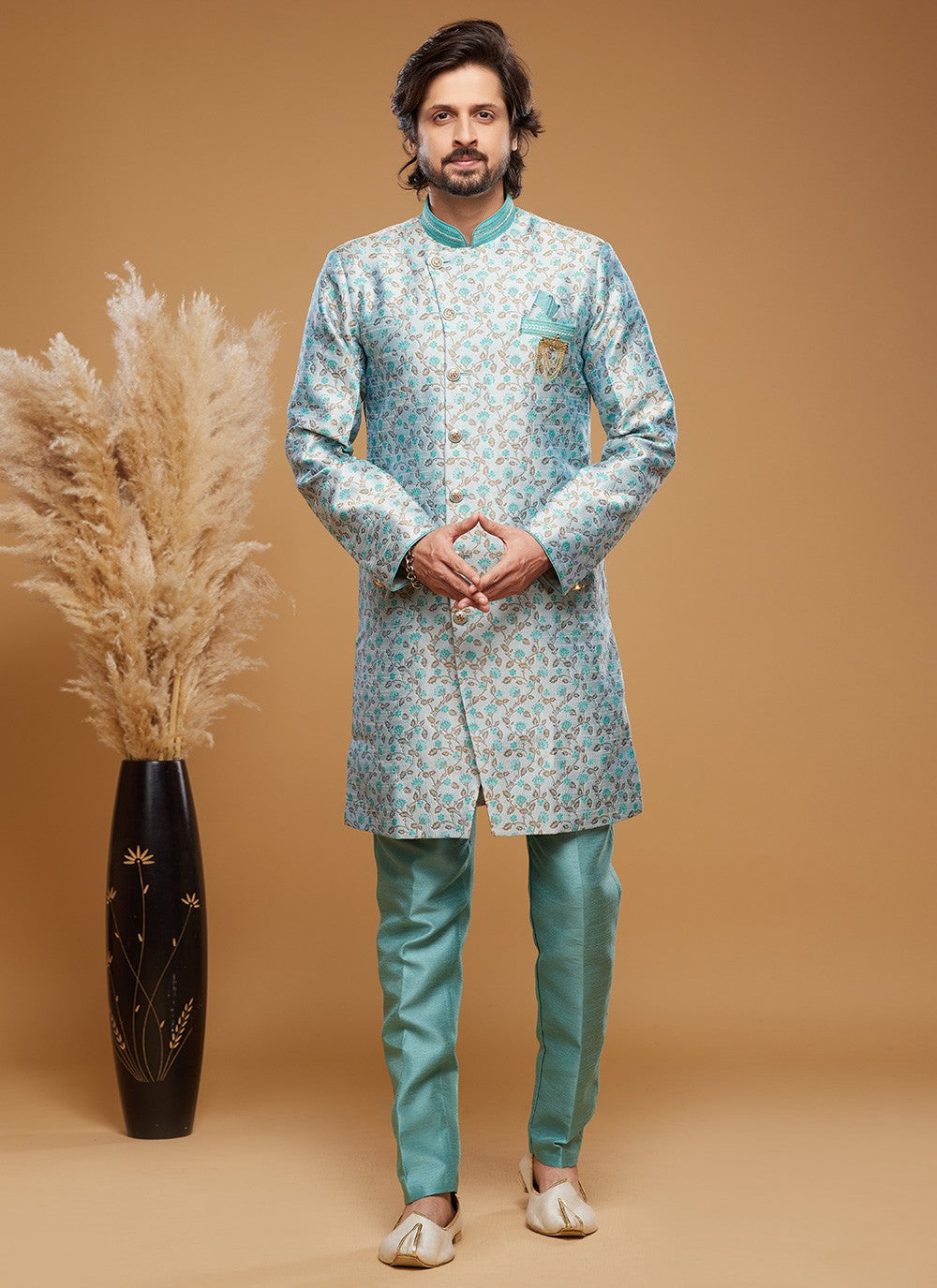 Embroidered Banarasi Jacquard Grey Indo Western - M6013