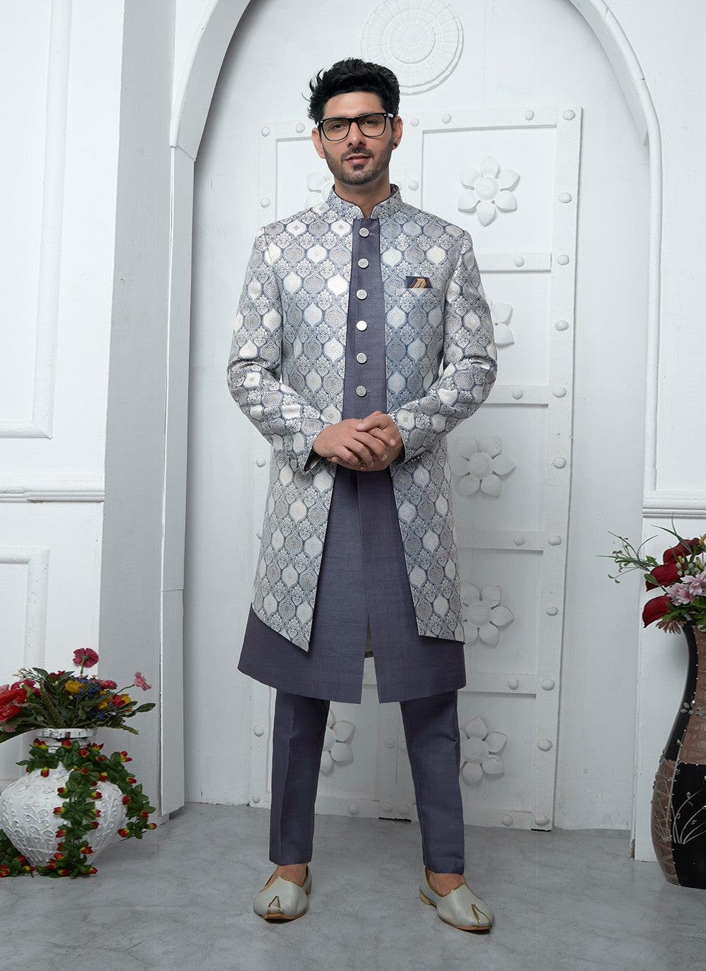 Fancy Work Jacquard Silk Grey Indo Western - M6610