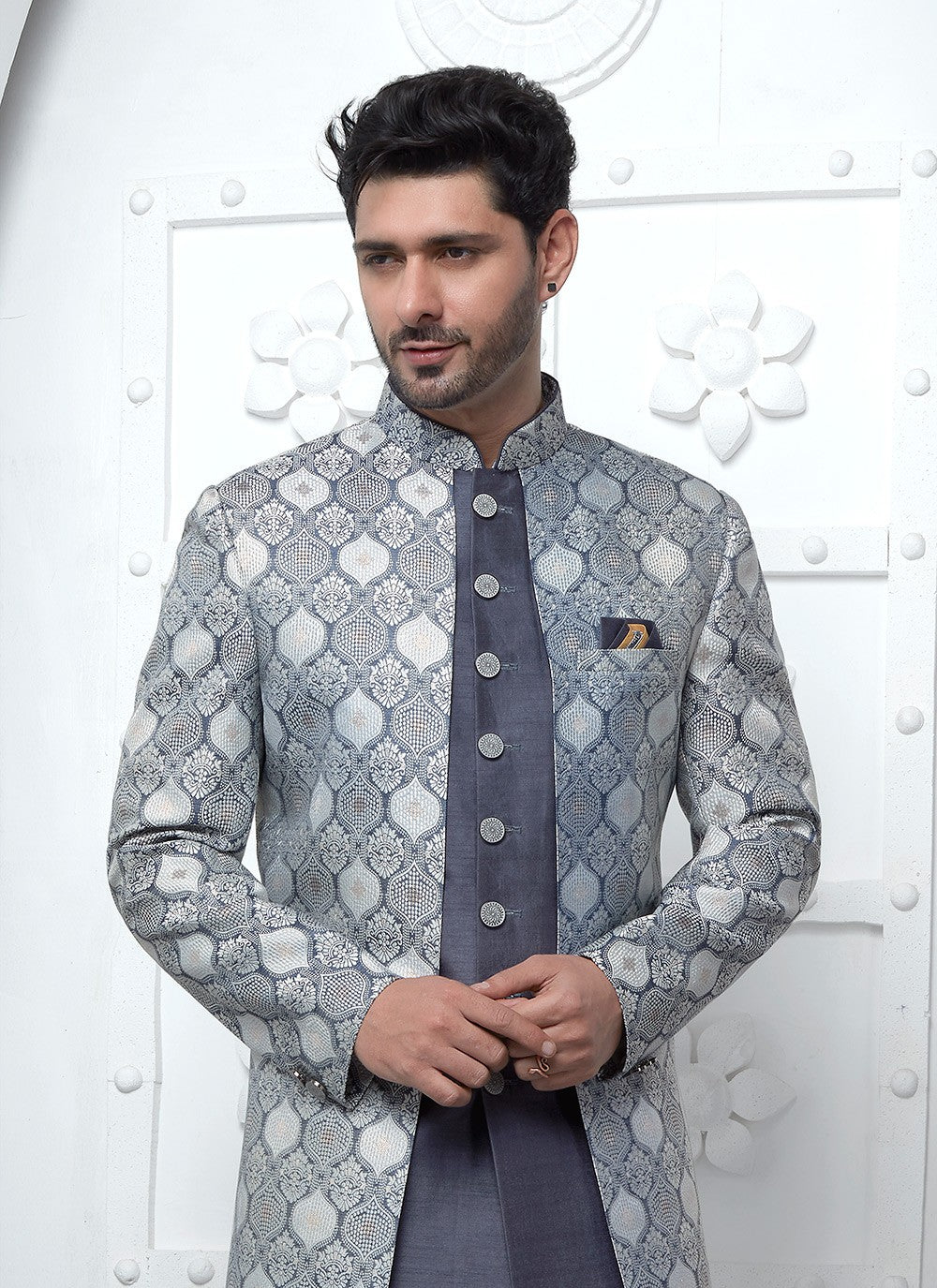Fancy Work Jacquard Silk Grey Indo Western - M6610