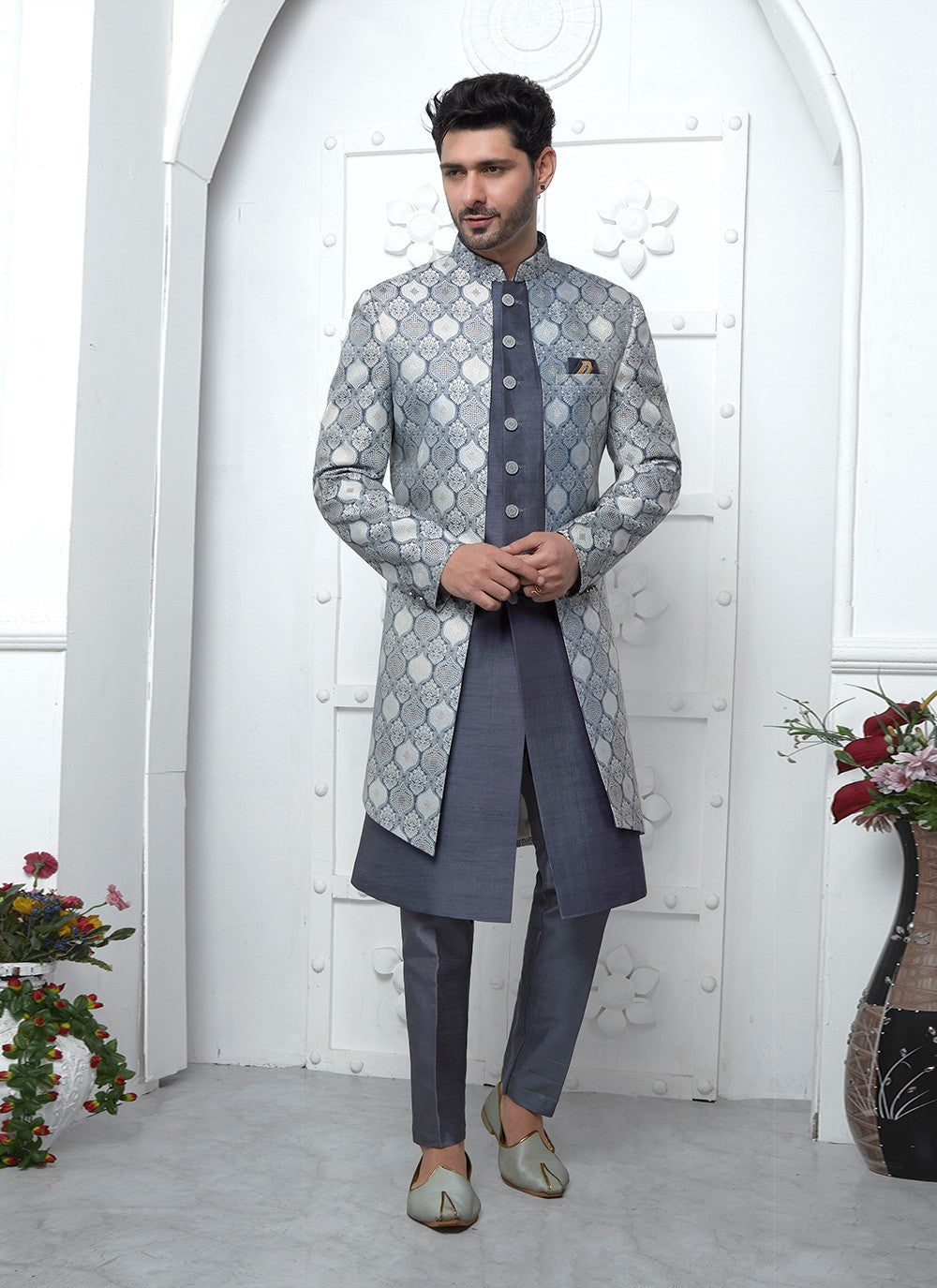 Fancy Work Jacquard Silk Grey Indo Western - M6610