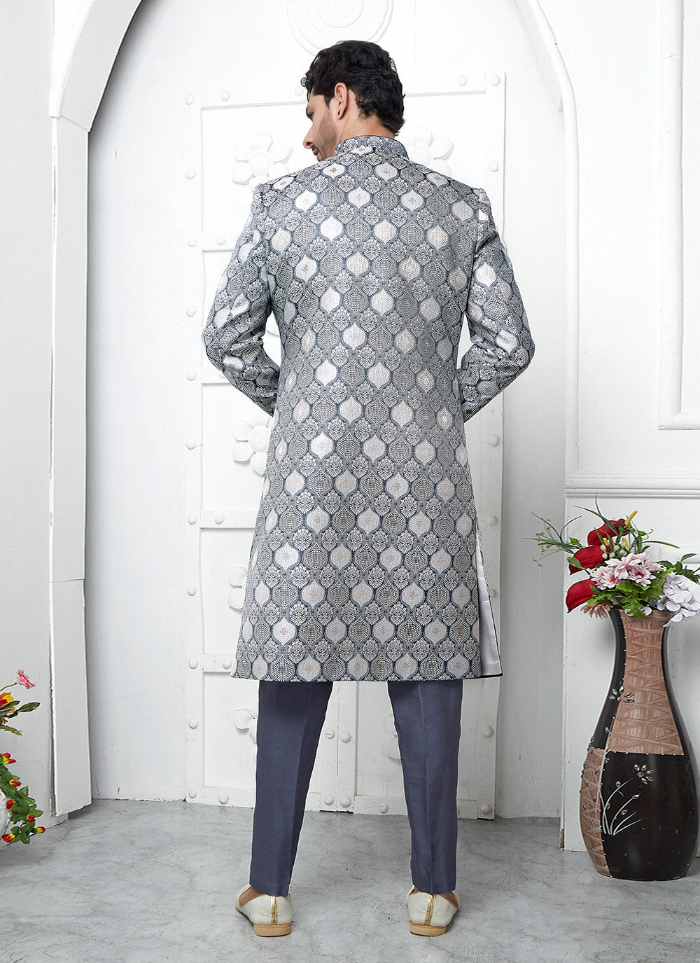 Fancy Work Jacquard Silk Grey Indo Western - M6610