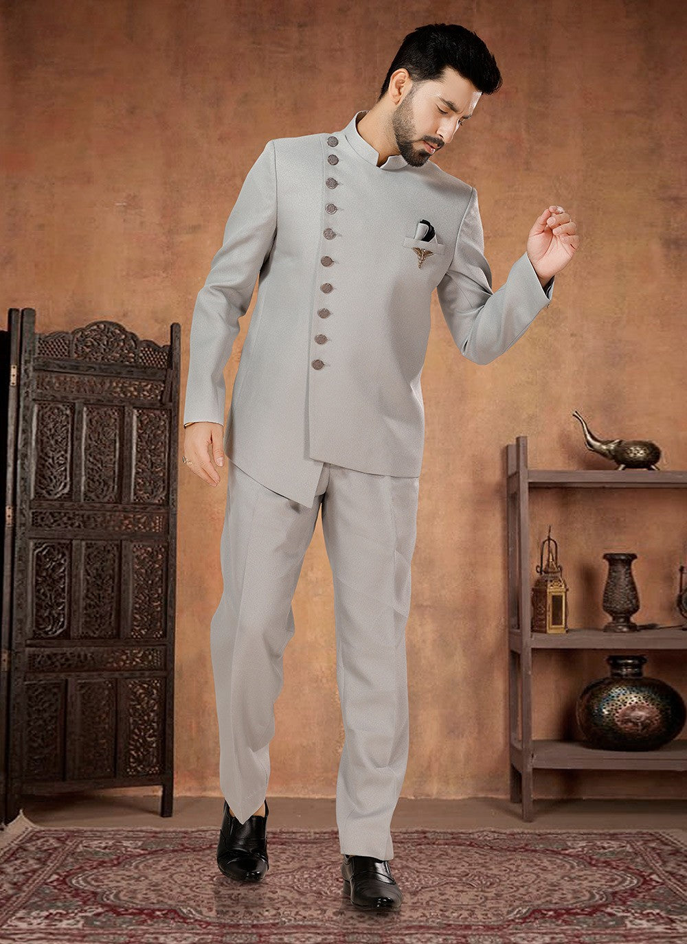 Buttons Rayon Grey Jodhpuri Suit - M7068