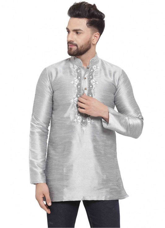 Embroidered Art Dupion Silk Grey Kurta - M1689