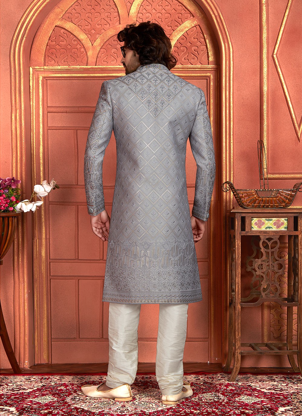 Embroidered Art Silk Grey Sherwani - M8267