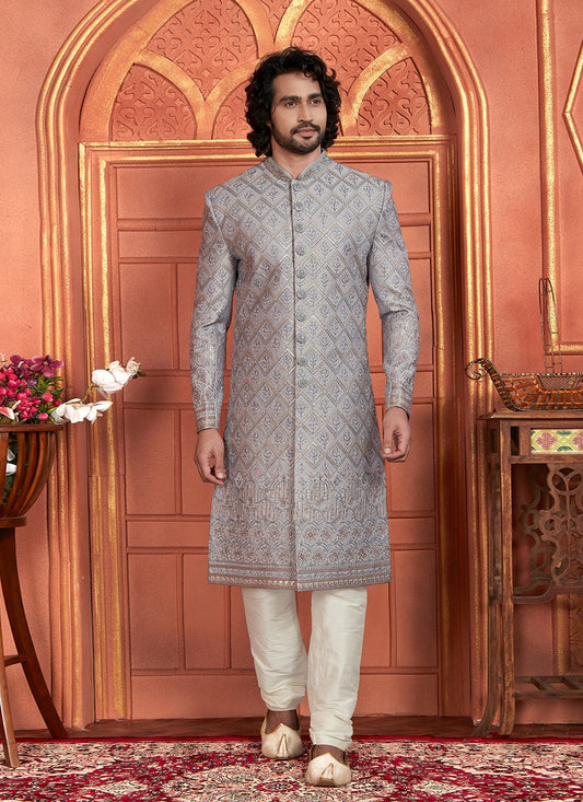 Embroidered Art Silk Grey Sherwani - M8267