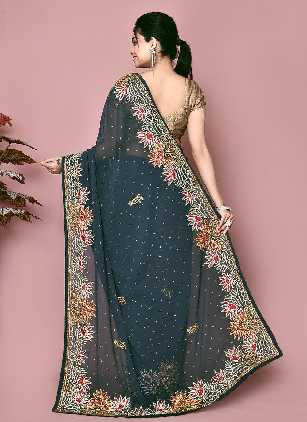 Classic Hand Embroidery Georgette Saree - S9372