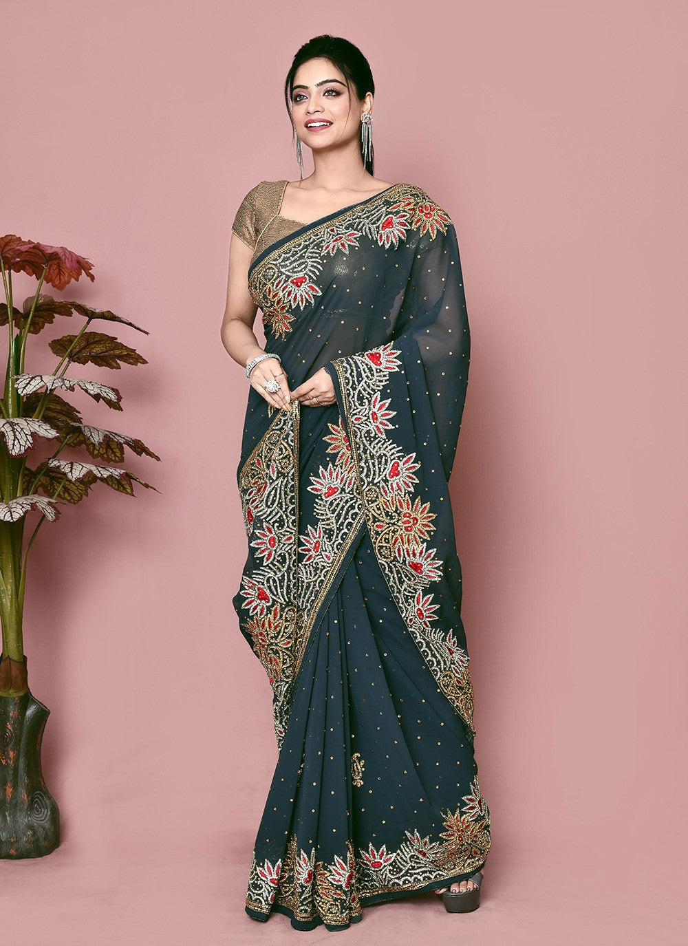 Classic Hand Embroidery Georgette Saree - S9372