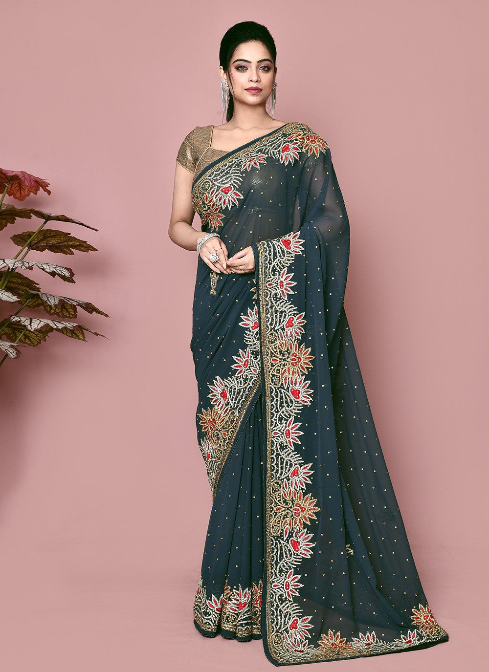Classic Hand Embroidery Georgette Saree - S9372