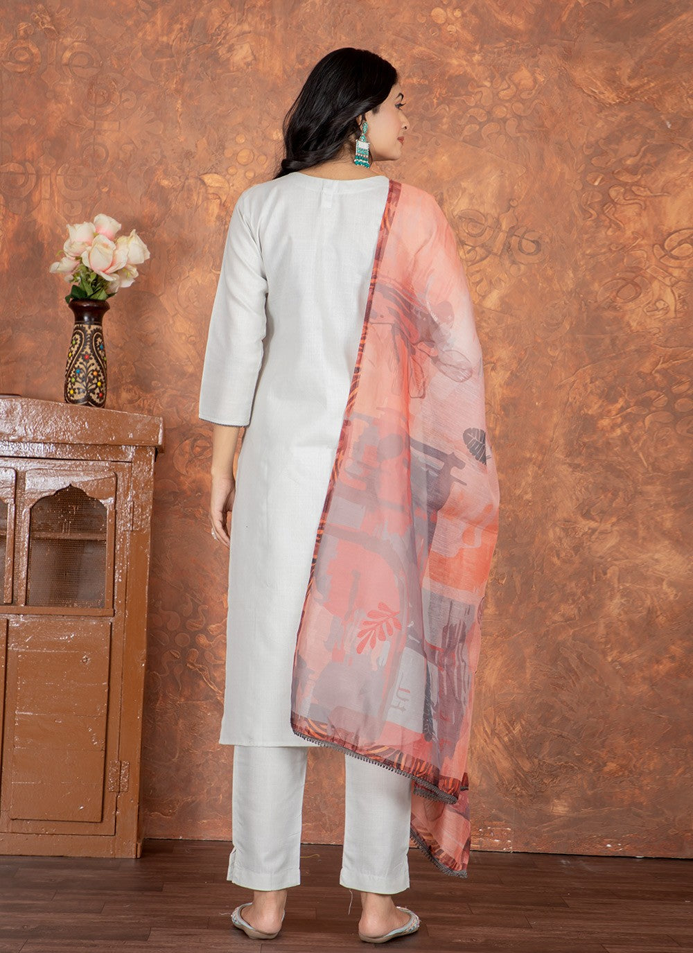 Pant Style Suit Embroidered Grey Cotton T5022