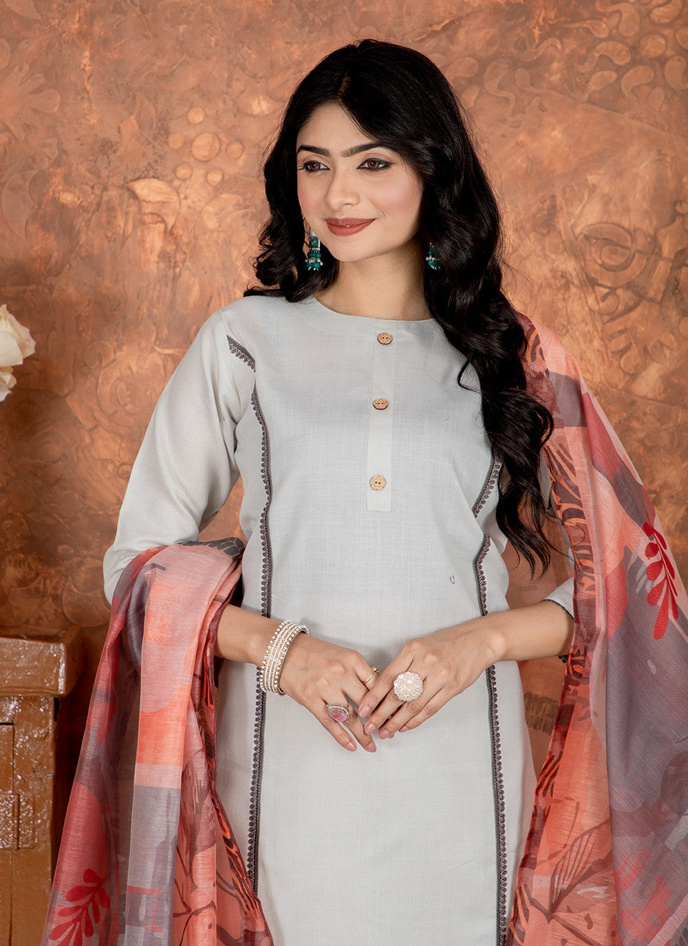 Pant Style Suit Embroidered Grey Cotton T5022