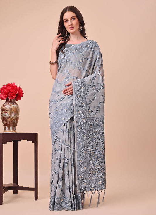 Weaving Zari Cotton Grey Contemporary Saree S15126
