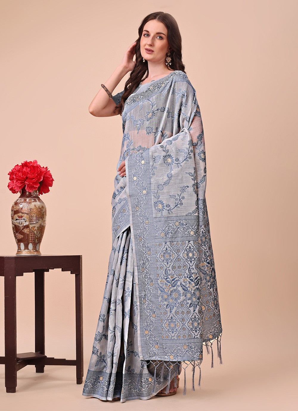 Weaving Zari Cotton Grey Contemporary Saree S15126
