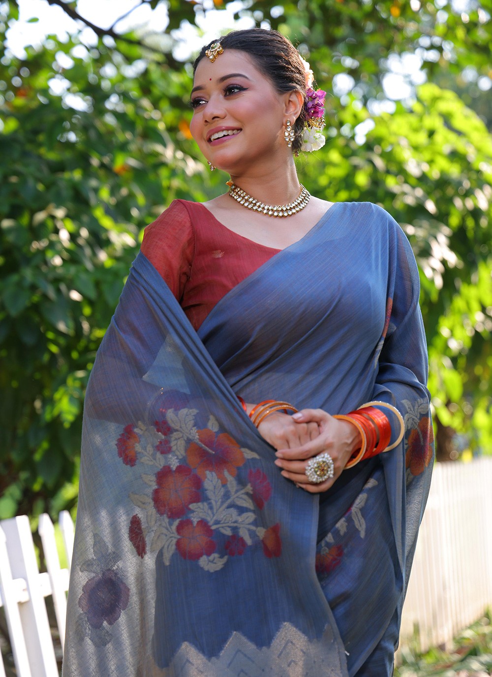 Printed Cotton Grey Saree S14046