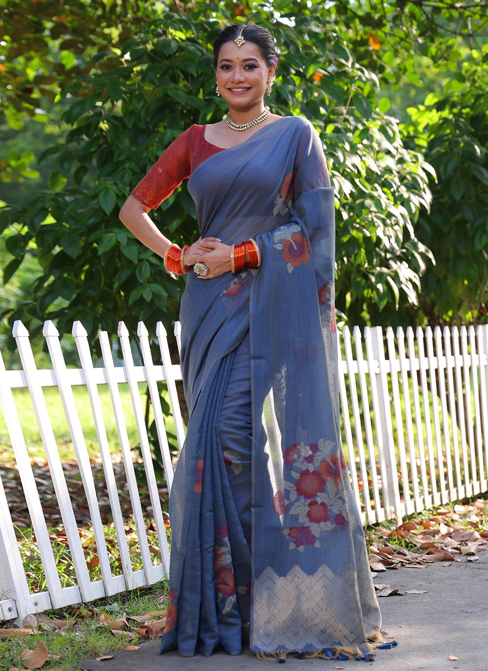 Printed Cotton Grey Saree S14046