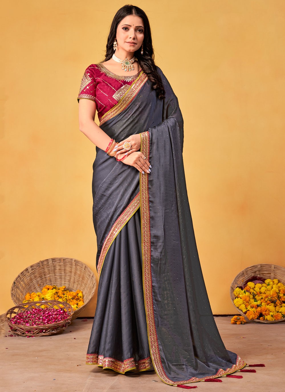 Designer Border Work Grey Rangoli S12682