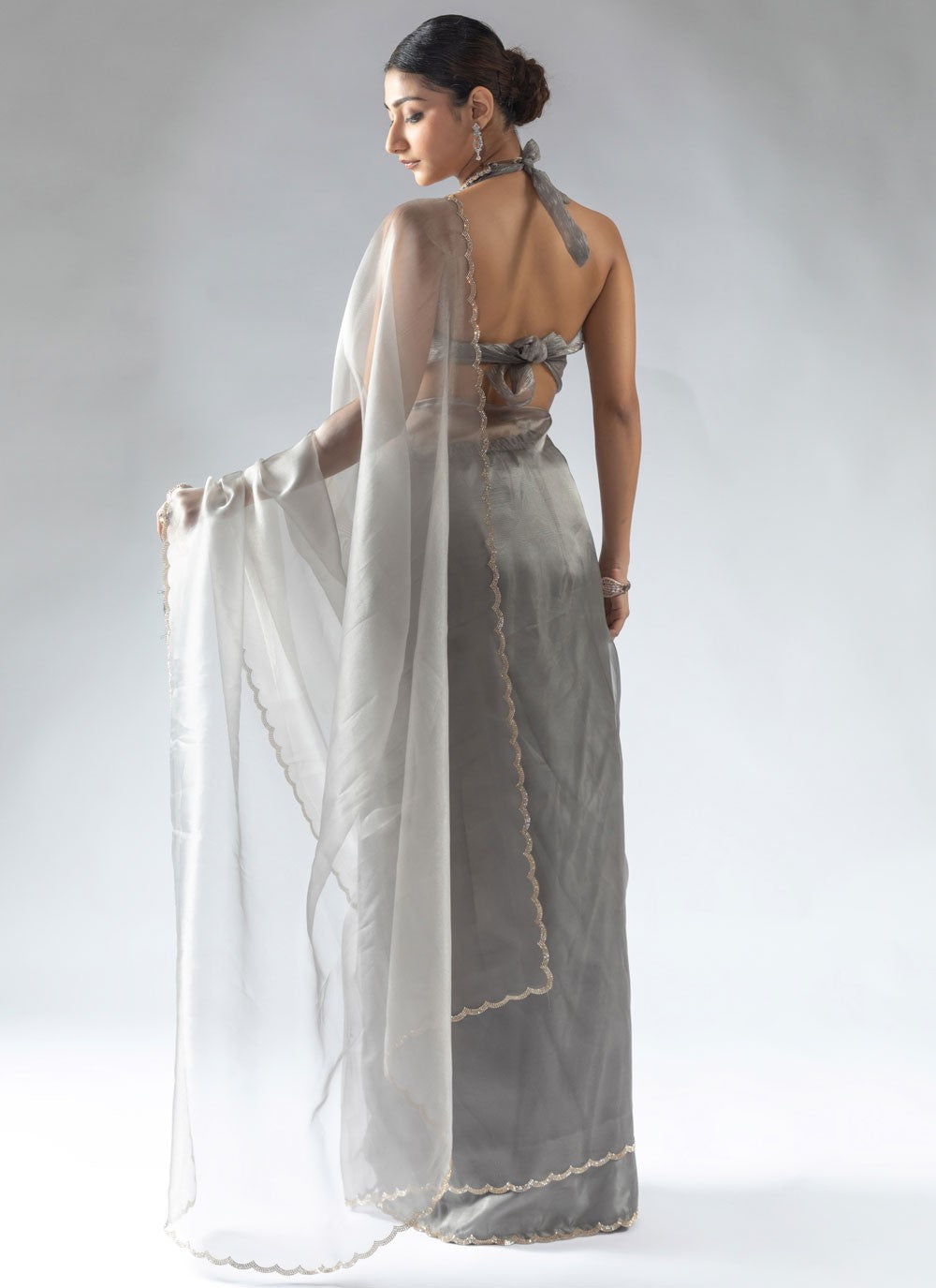 Border Work Organza Grey Contemporary Saree S15592