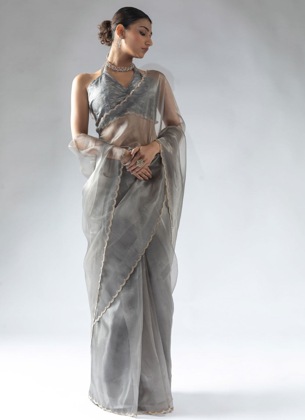 Border Work Organza Grey Contemporary Saree S15592