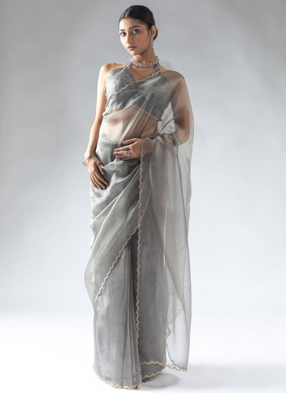 Border Work Organza Grey Contemporary Saree S15592