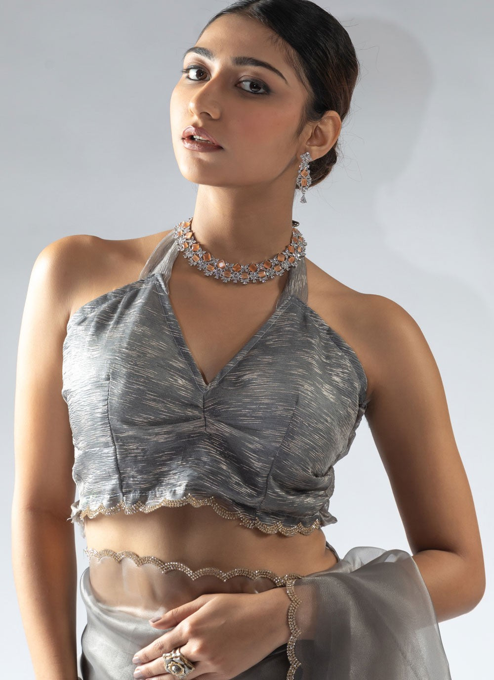 Border Work Organza Grey Contemporary Saree S15592