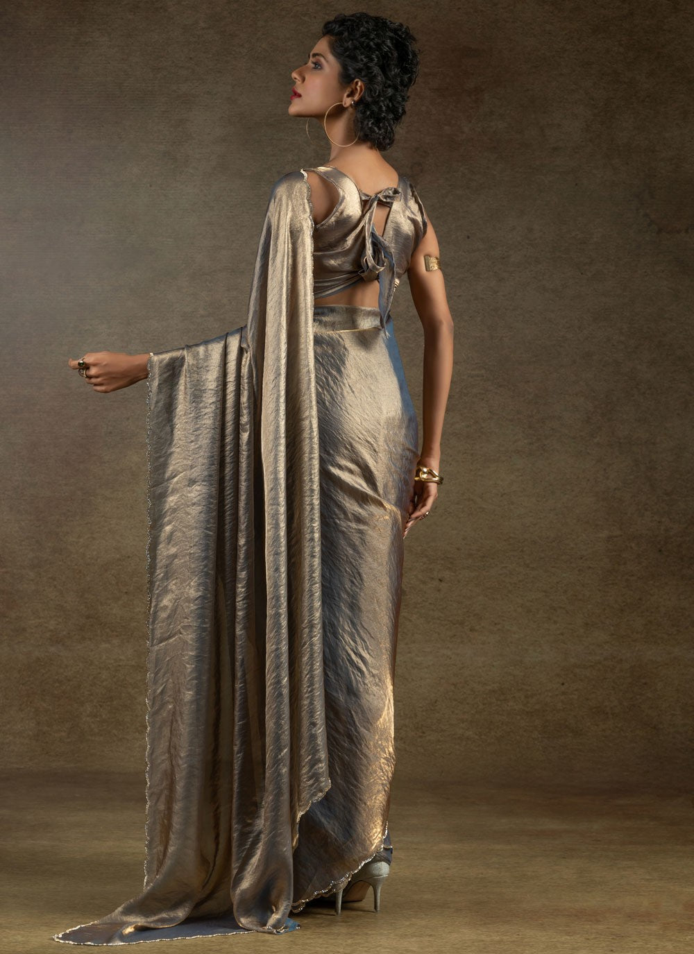 Cut Work Satin Silk Grey Contemporary Saree S15418