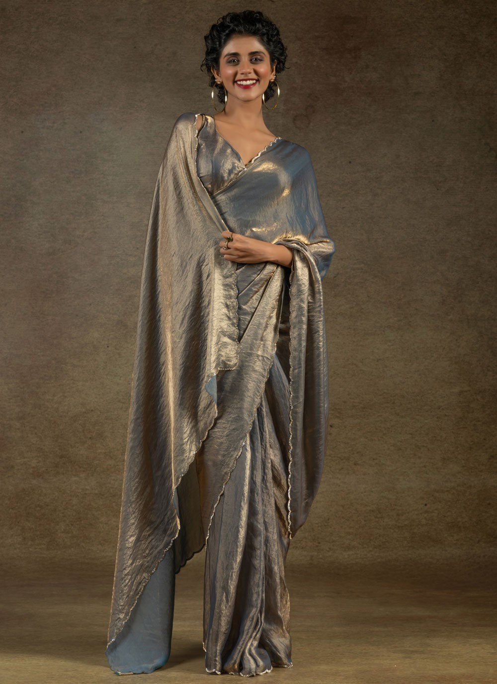 Cut Work Satin Silk Grey Contemporary Saree S15418