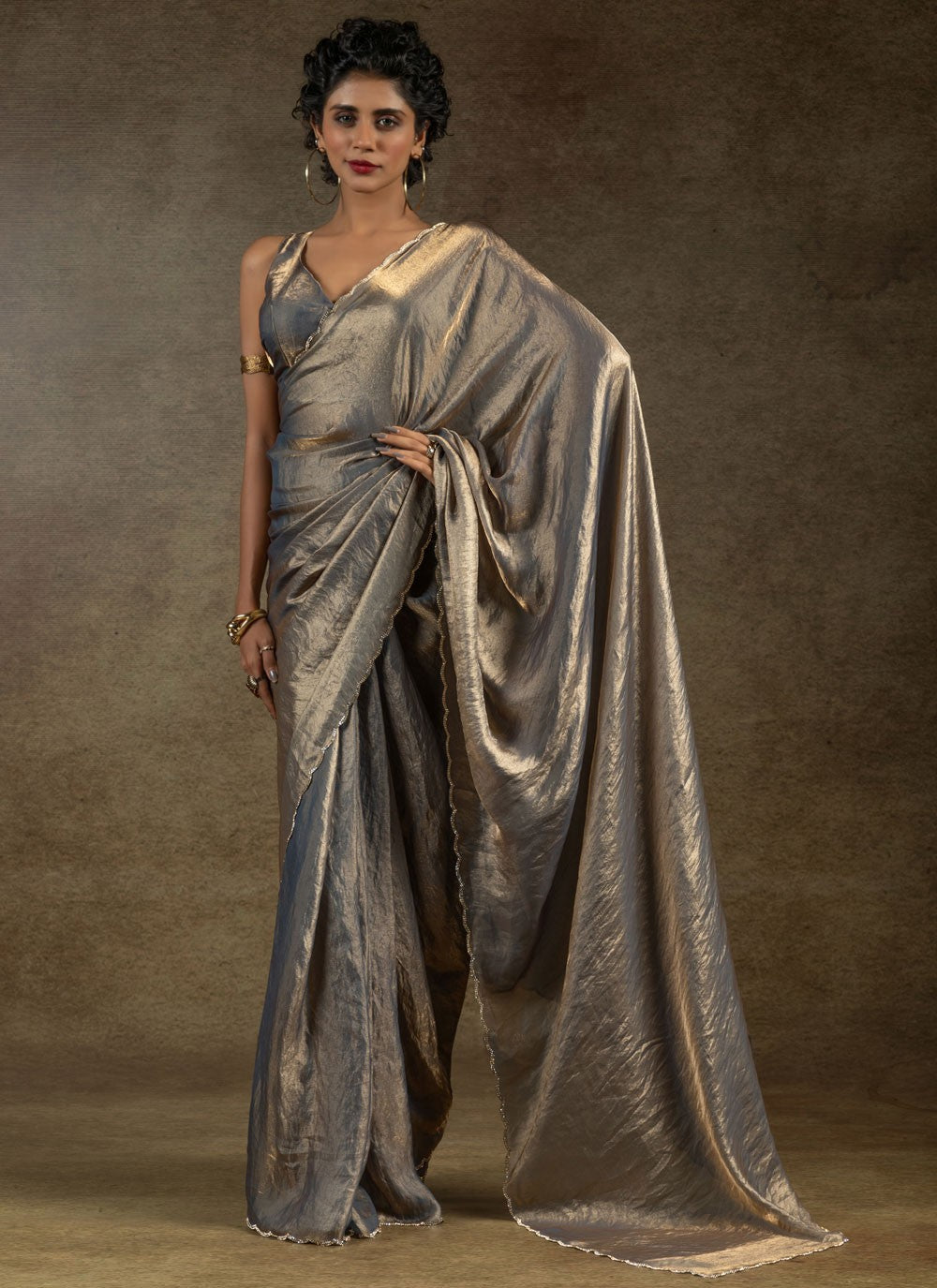 Cut Work Satin Silk Grey Contemporary Saree S15418