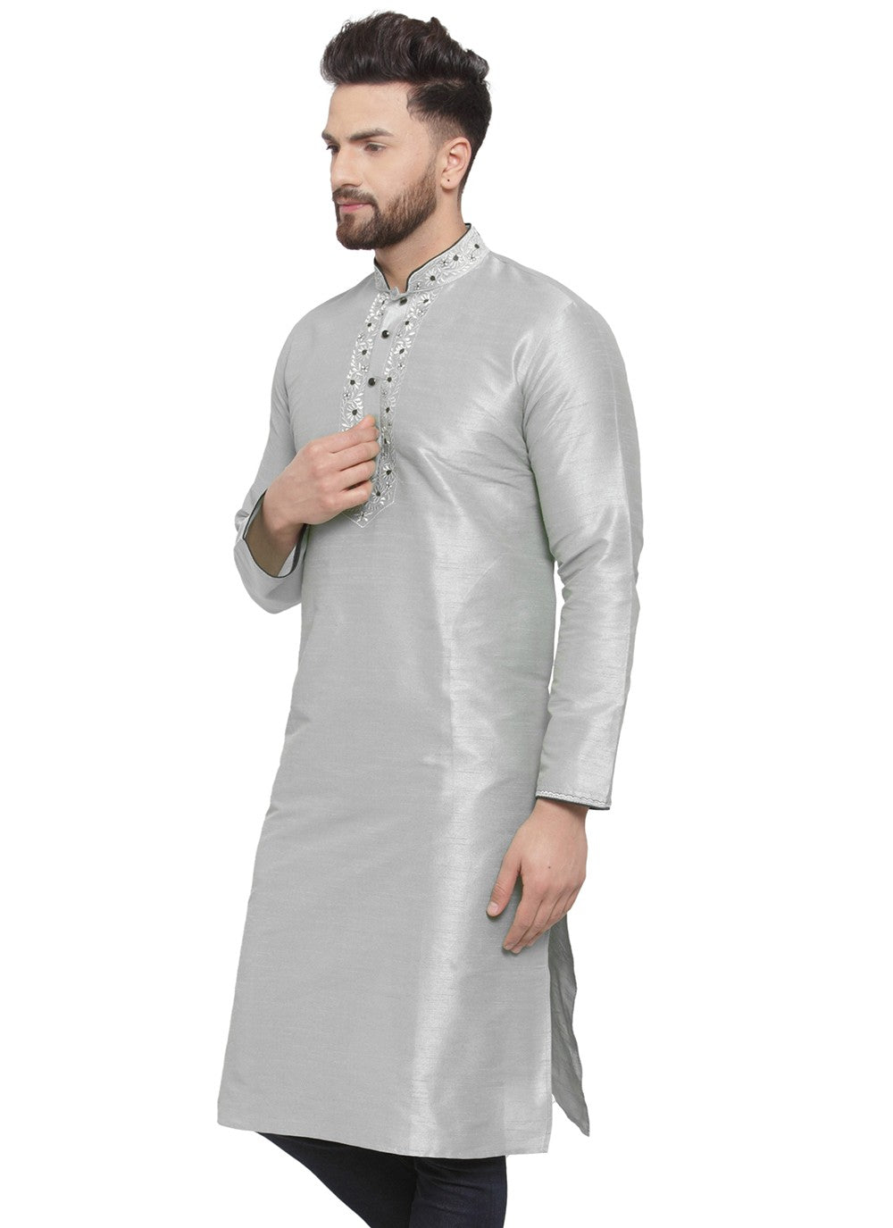 Embroidered Dupion Silk Grey Kurta - M7321