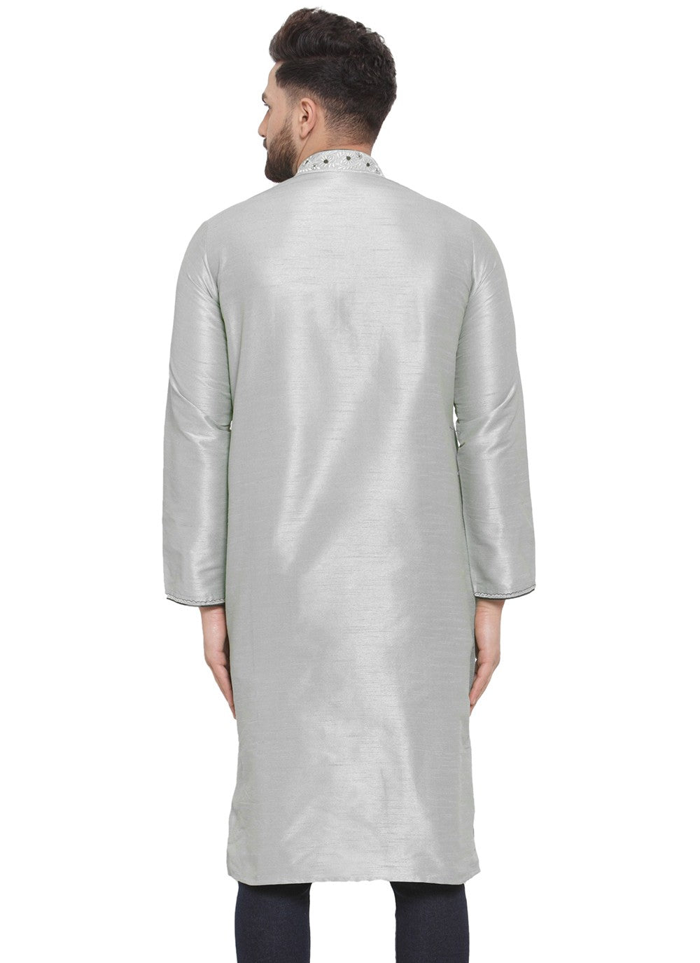 Embroidered Dupion Silk Grey Kurta - M7321