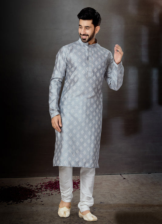 Printed Dupion Silk Grey Kurta - M5754