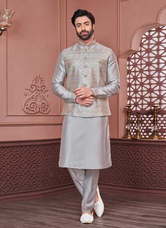 Embroidered Banarasi Silk Grey Kurta Payjama With Jacket - M6414