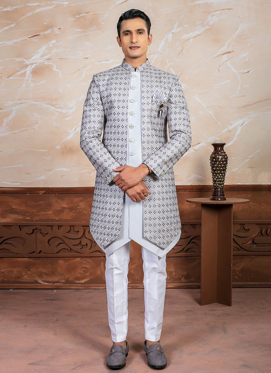 Embroidered Silk Grey Indo Western - M8343