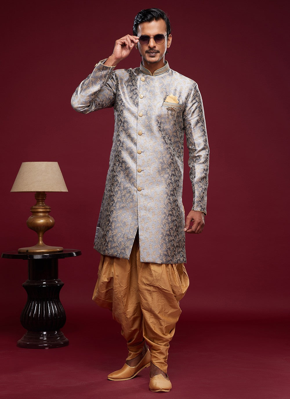 Embroidered Banarasi Jacquard Grey Indo Western Sherwani - M5791