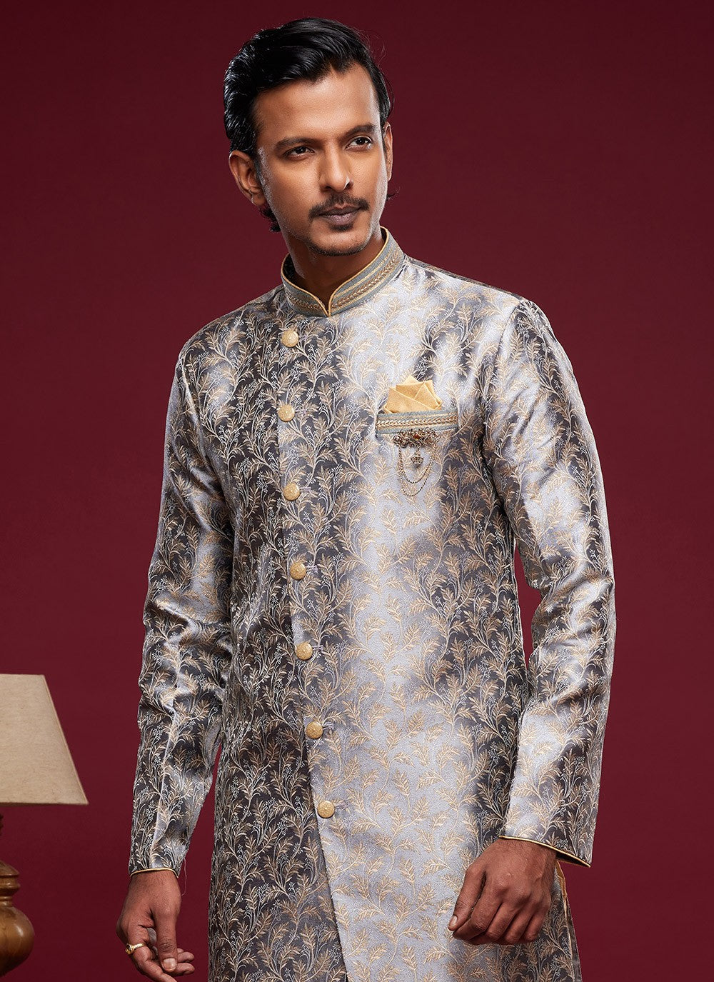 Embroidered Banarasi Jacquard Grey Indo Western Sherwani - M5791