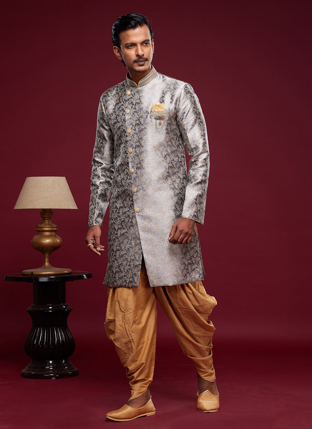 Embroidered Banarasi Jacquard Grey Indo Western Sherwani - M5791