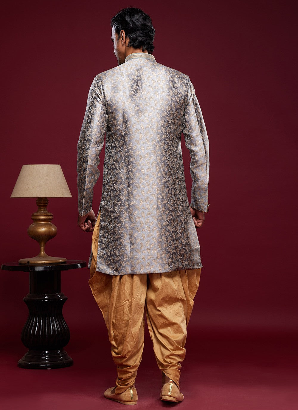 Embroidered Banarasi Jacquard Grey Indo Western Sherwani - M5791