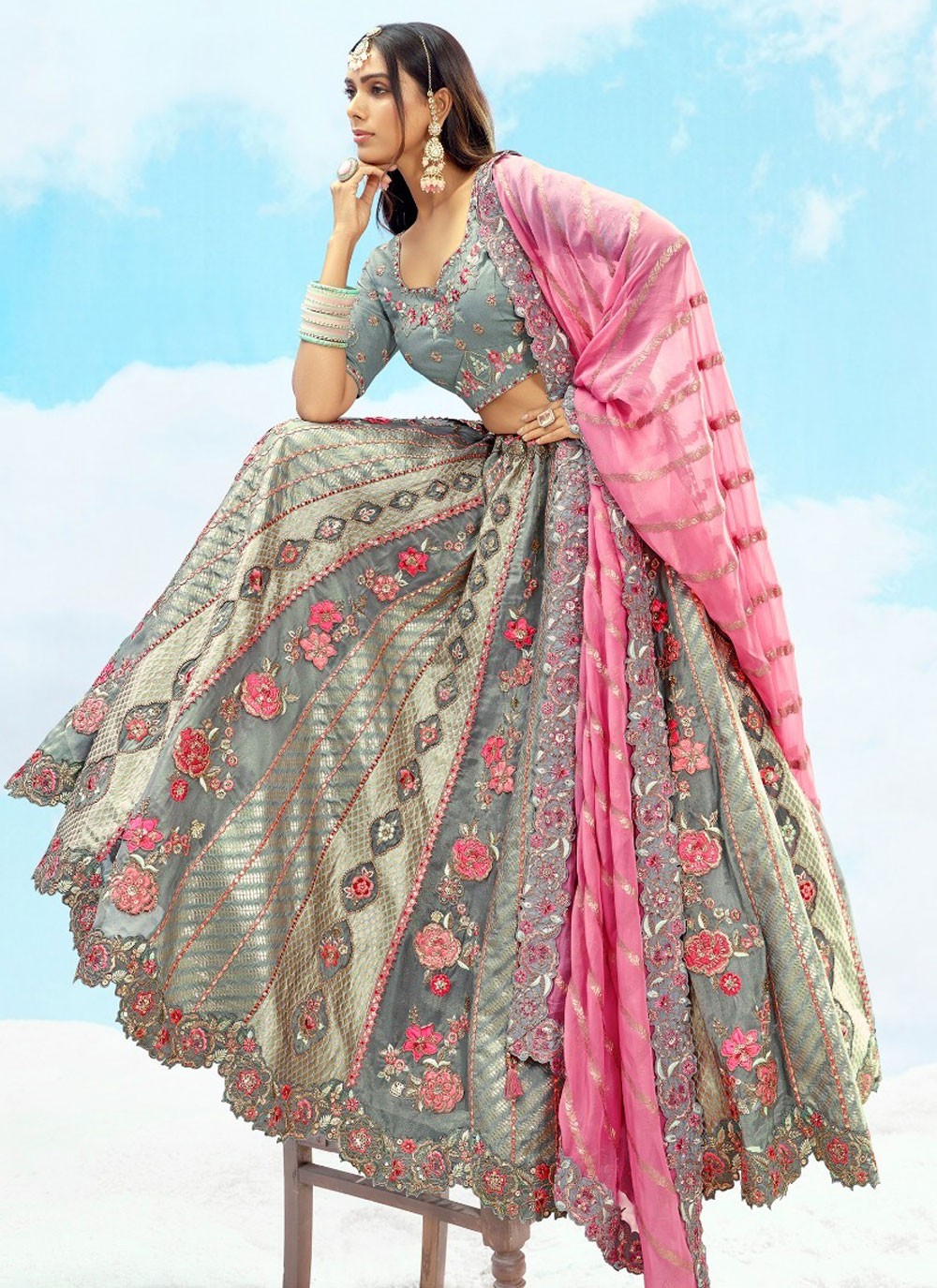 Silk Engagement, Reception, Wedding A - Line Lehenga L3573
