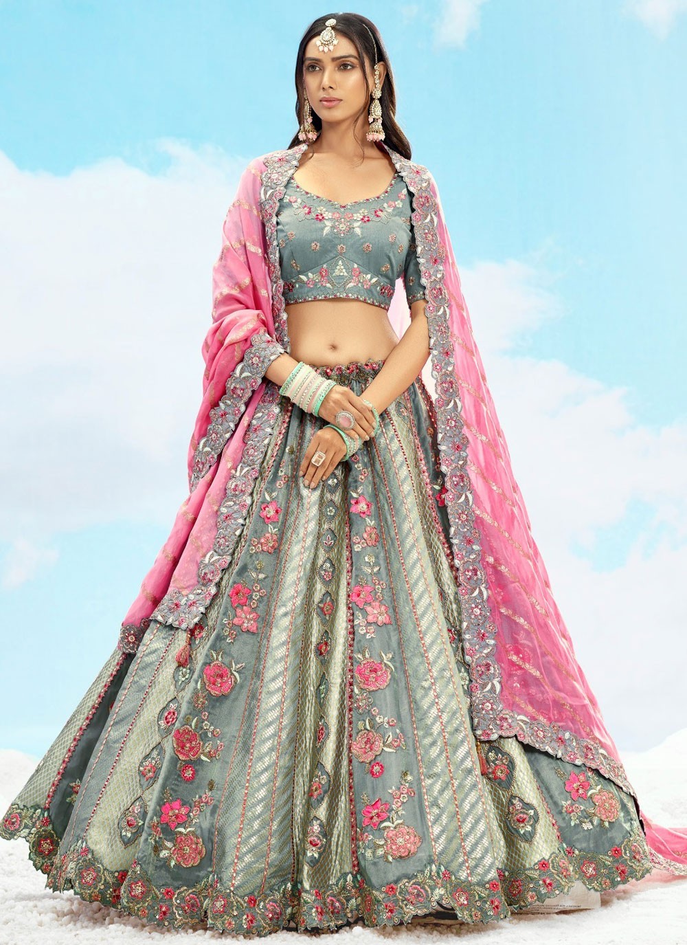 Silk Engagement, Reception, Wedding A - Line Lehenga L3573