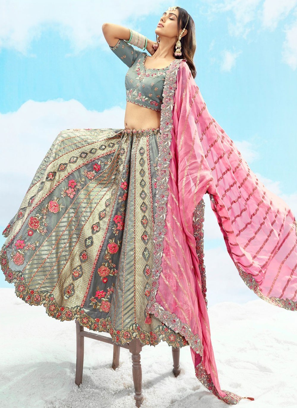 Silk Engagement, Reception, Wedding A - Line Lehenga L3573