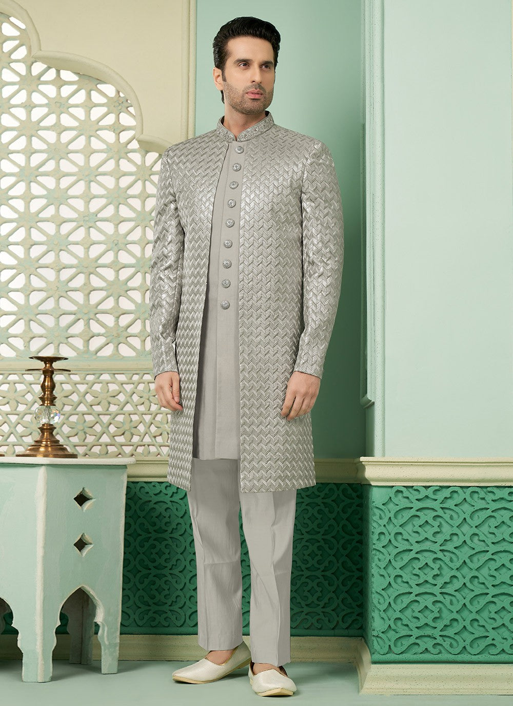 Embroidered Banarasi Silk Grey Indo Western - M7293