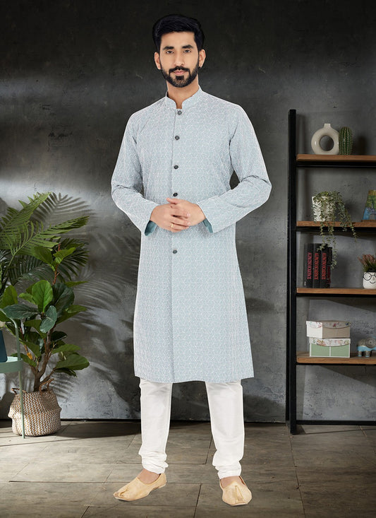 Embroidered Silk Grey Kurta Pyjama - M4970