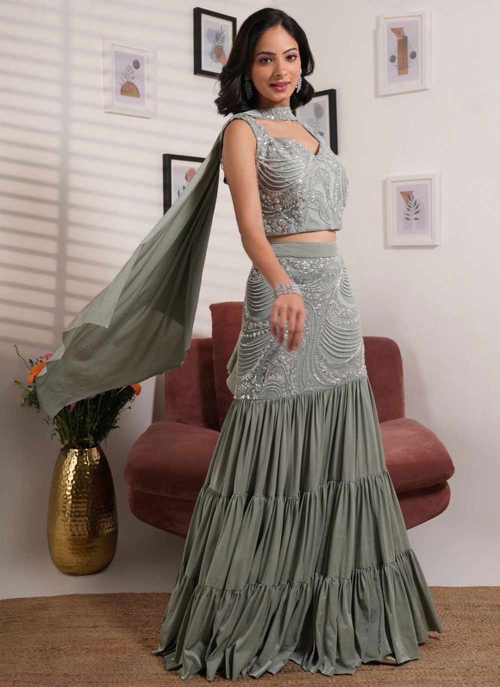 Embroidered Lycra Grey Lehenga - L3319