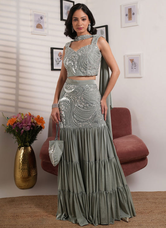 Embroidered Lycra Grey Lehenga - L3319