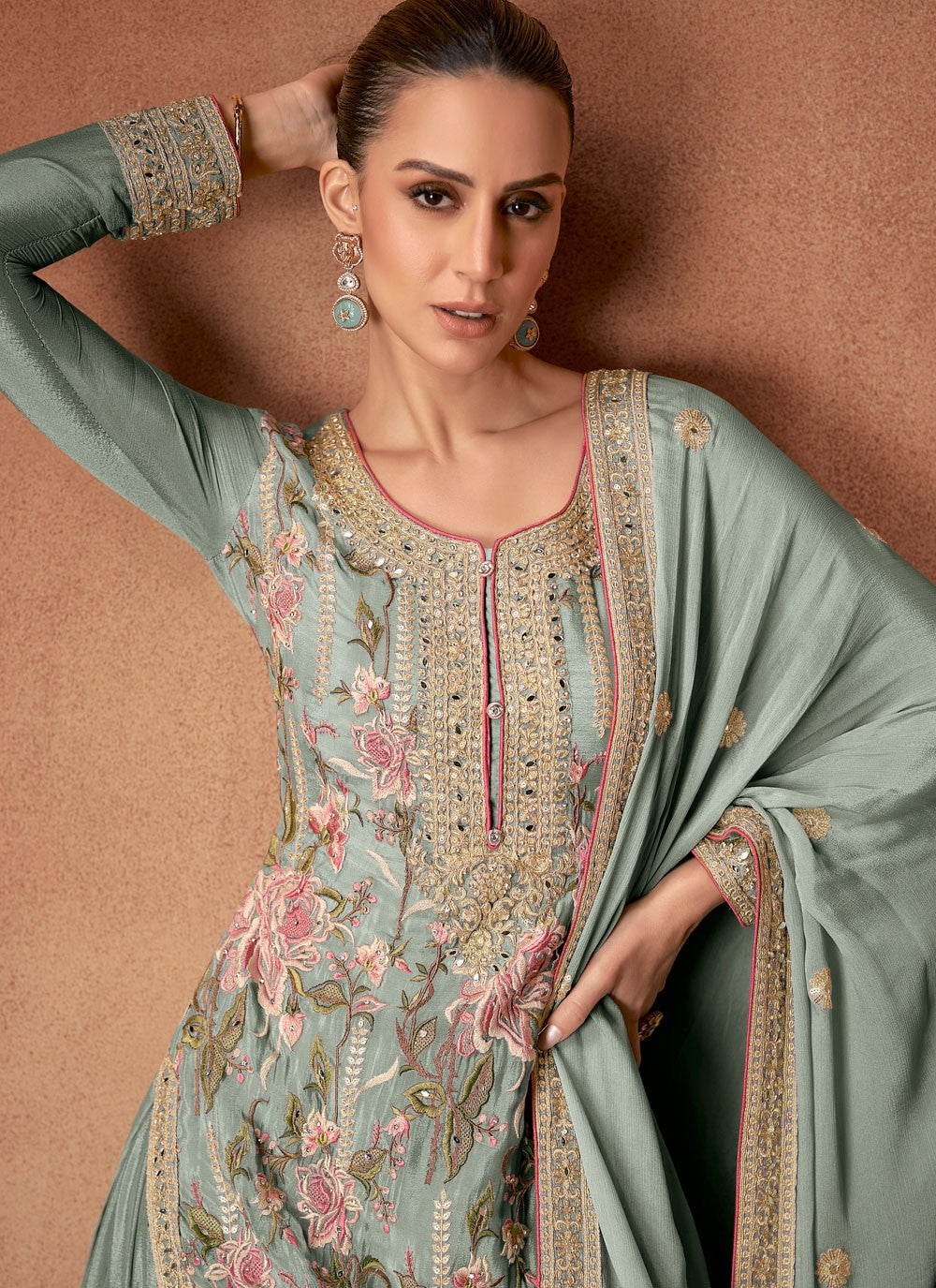 Salwar Suit Embroidered Grey Chinon T5342