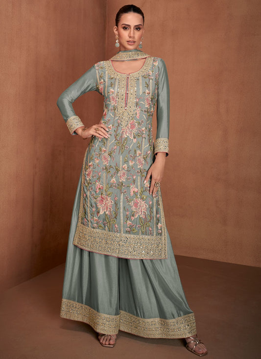 Salwar Suit Embroidered Grey Chinon T5342