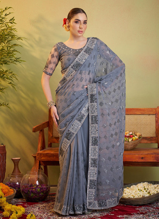Embroidered Georgette Grey Saree S14728