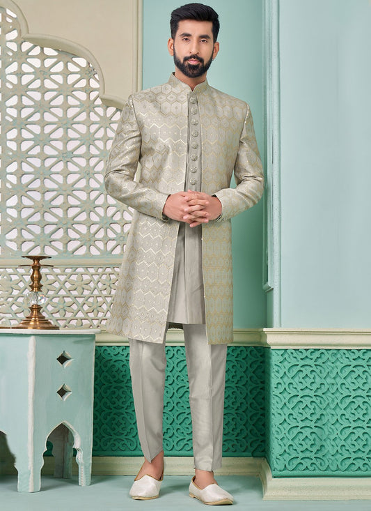 Embroidered Banarasi Silk Grey Indo Western - M7299